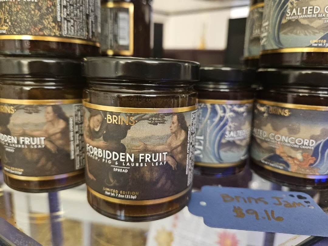Jars of Brins small-batch spreads including Forbidden Fruit on a shop shelf